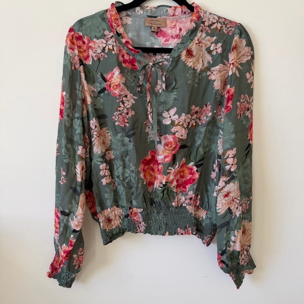 Kachel for Anthropologie Silk Blend Margaret Peasant Floral Blouse Green Size 12
